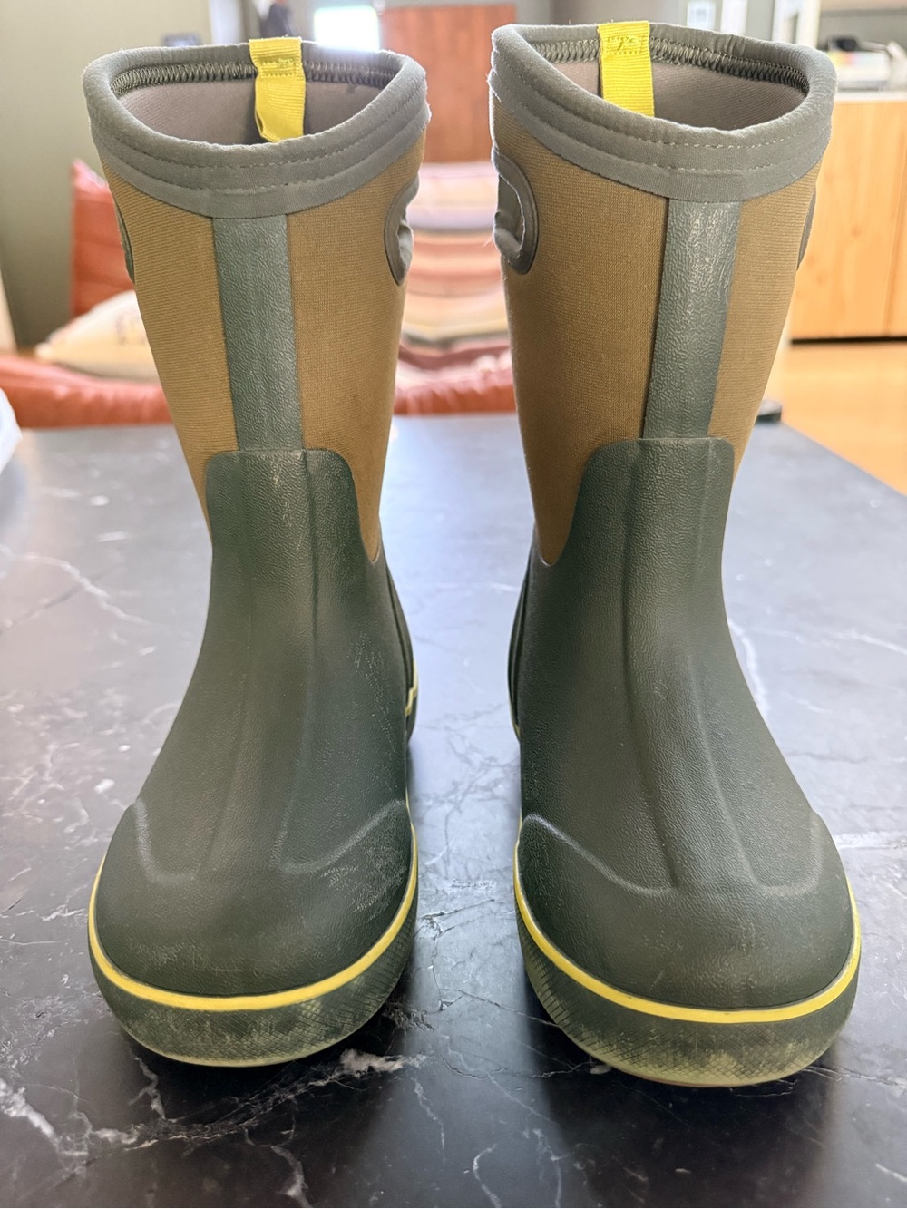 Bogs Kids Olive Green, Tan & Yellow Pull-Tab Rain Boots